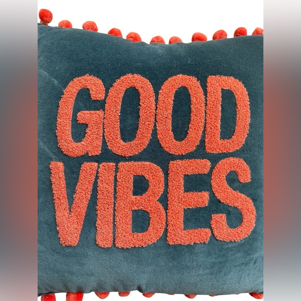 PRIMITIVES BY KATHY Blue Pillow with Coral Text and Pom-Poms “Good Vibes” - Picture 2 of 8
